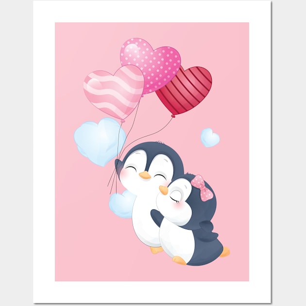 Cute Penguin Couple with Heart Balloons Wall Art by Carpe Tunicam